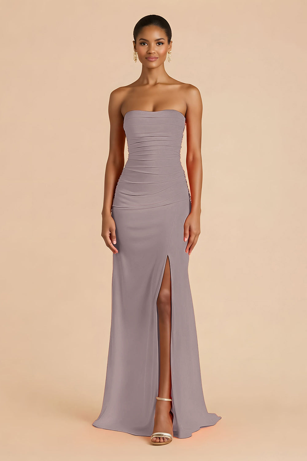 Orange Sheath Chiffon Ruched Strapless Long Bridesmaid Dress with Slit