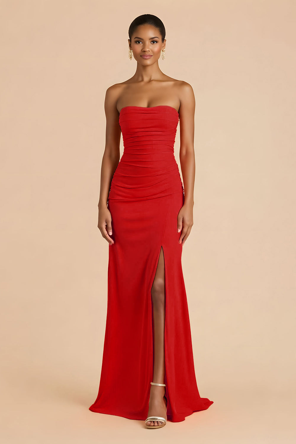 Orange Sheath Chiffon Ruched Strapless Long Bridesmaid Dress with Slit