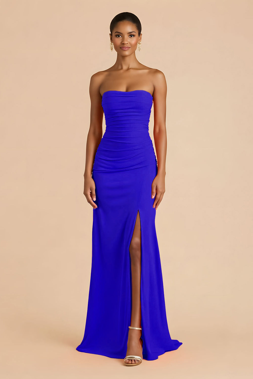 Orange Sheath Chiffon Ruched Strapless Long Bridesmaid Dress with Slit