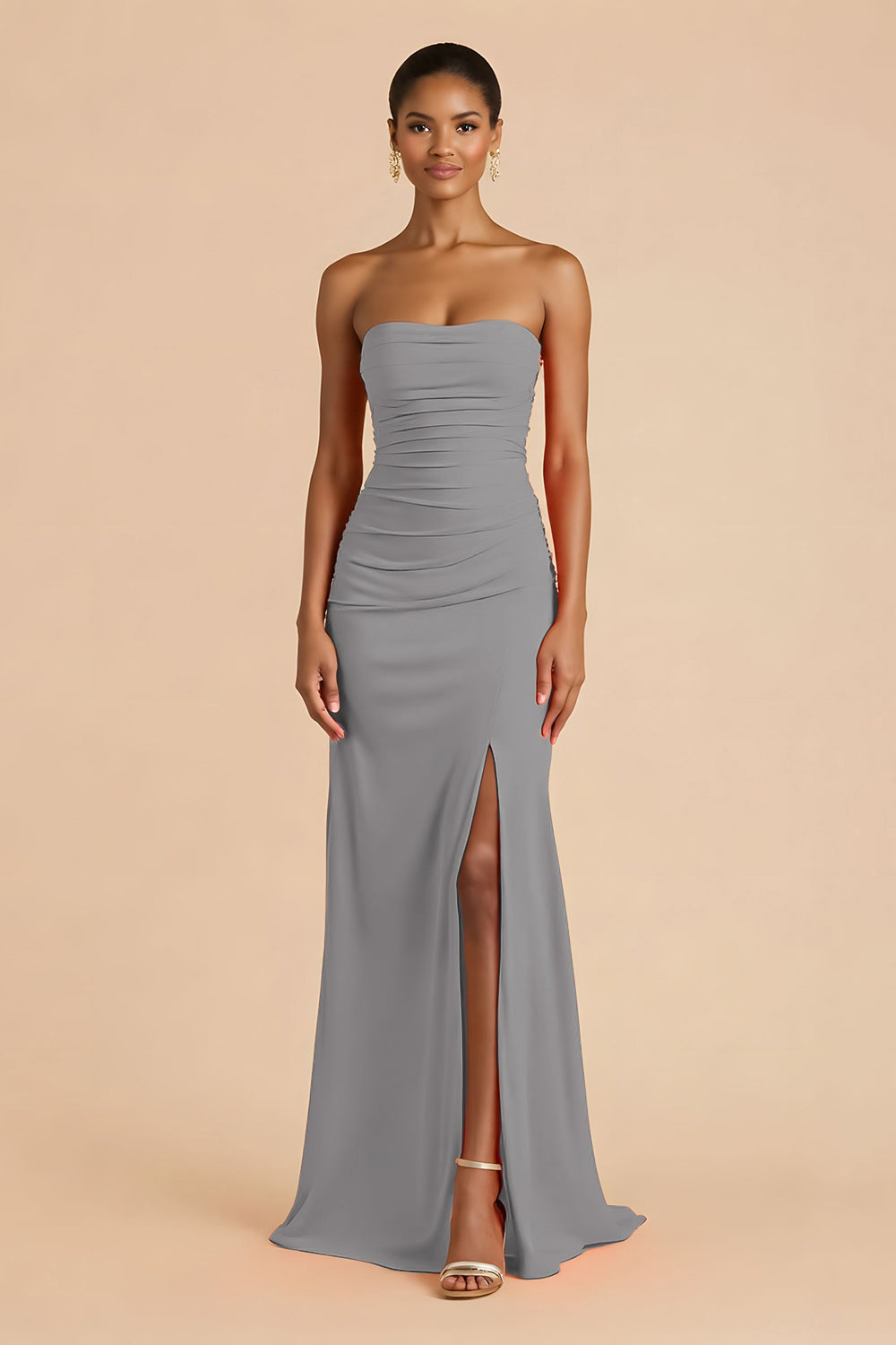 Orange Sheath Chiffon Ruched Strapless Long Bridesmaid Dress with Slit