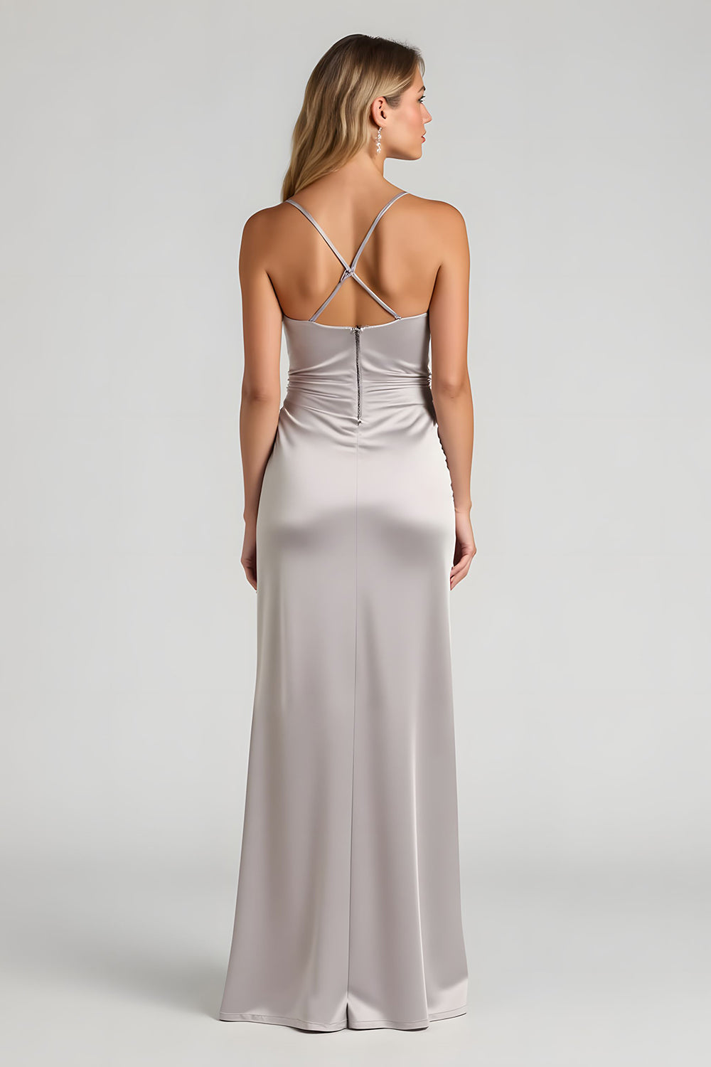 Silver Satin Sheath Spaghetti Straps Ruched Long Bridesmaid Dress with Slit