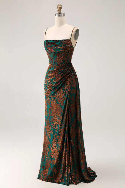 Dark Green Corset Velvet Floral Long Wedding Guest Dress with Side Cape