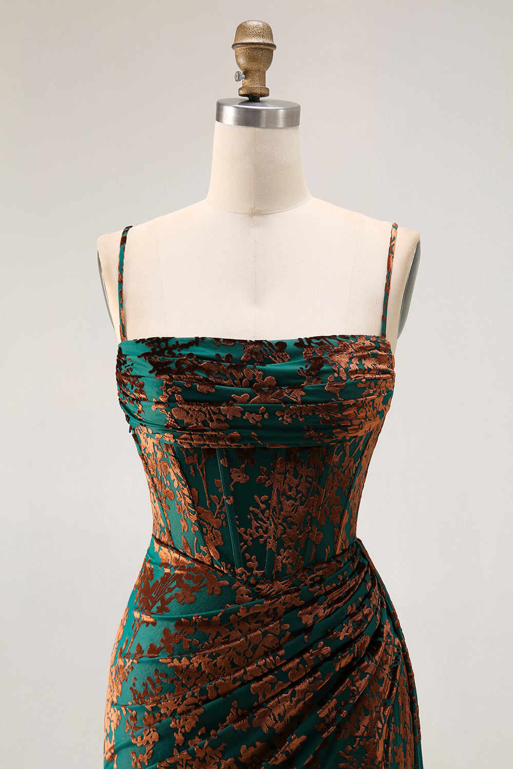 Dark Green Corset Velvet Floral Long Wedding Guest Dress with Side Cape