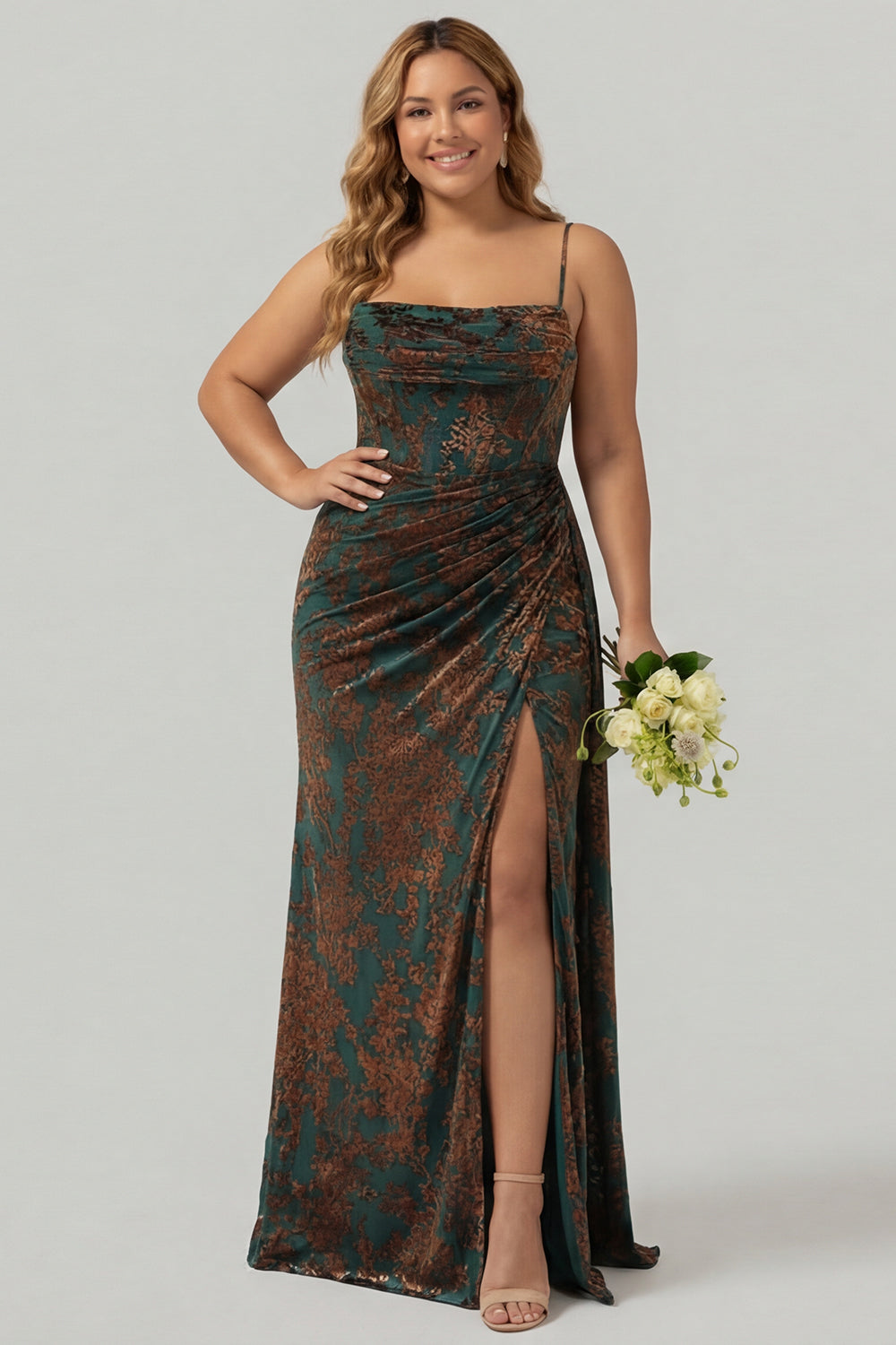 Dark Green Corset Velvet Floral Long Wedding Guest Dress with Side Cape