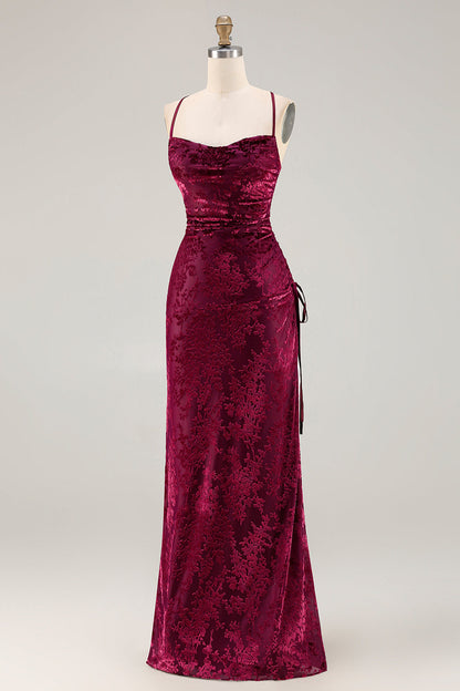 Dark Green Sheath Velvet Spaghetti Straps Long Bridesmaid Dress