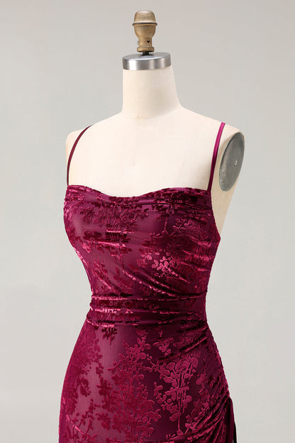 Dark Green Sheath Velvet Spaghetti Straps Long Bridesmaid Dress
