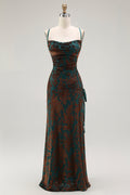 Dark Green Sheath Velvet Spaghetti Straps Long Bridesmaid Dress