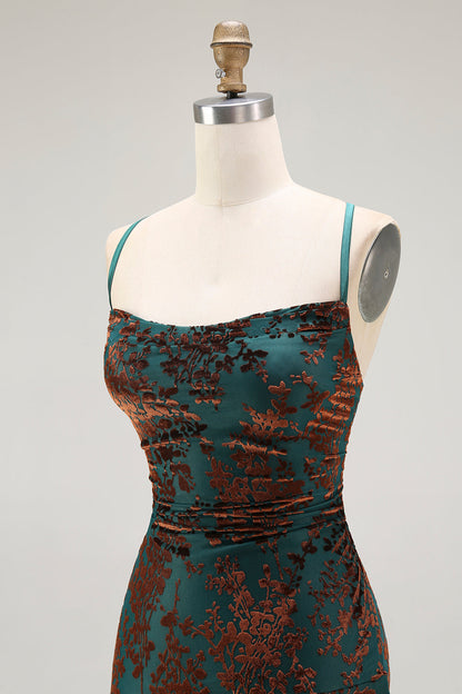 Dark Green Sheath Velvet Spaghetti Straps Long Bridesmaid Dress
