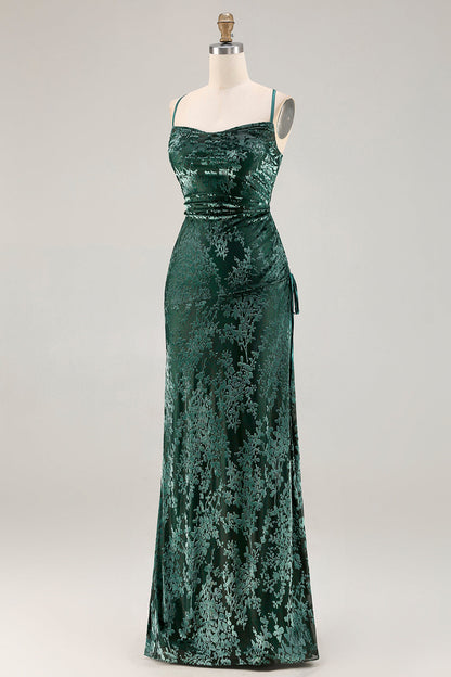 Dark Green Sheath Velvet Spaghetti Straps Long Bridesmaid Dress