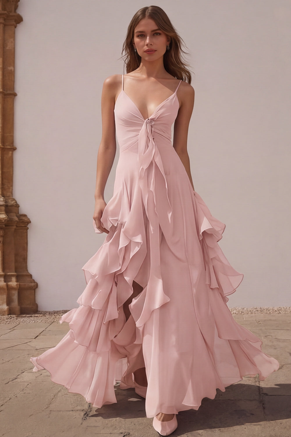 Dusty Blue Chiffon Spaghetti Straps A-Line Long Bridesmaid Dress with Ruffles