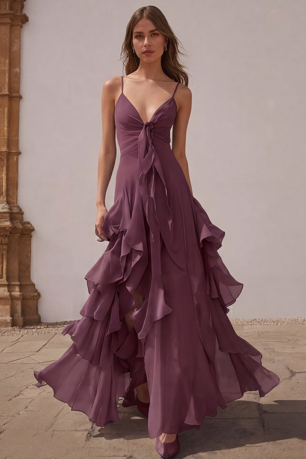 Dusty Blue Chiffon Spaghetti Straps A-Line Long Bridesmaid Dress with Ruffles