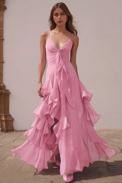 Dusty Blue Chiffon Spaghetti Straps A-Line Long Bridesmaid Dress with Ruffles