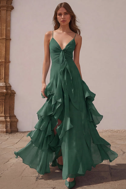 Dusty Blue Chiffon Spaghetti Straps A-Line Long Bridesmaid Dress with Ruffles