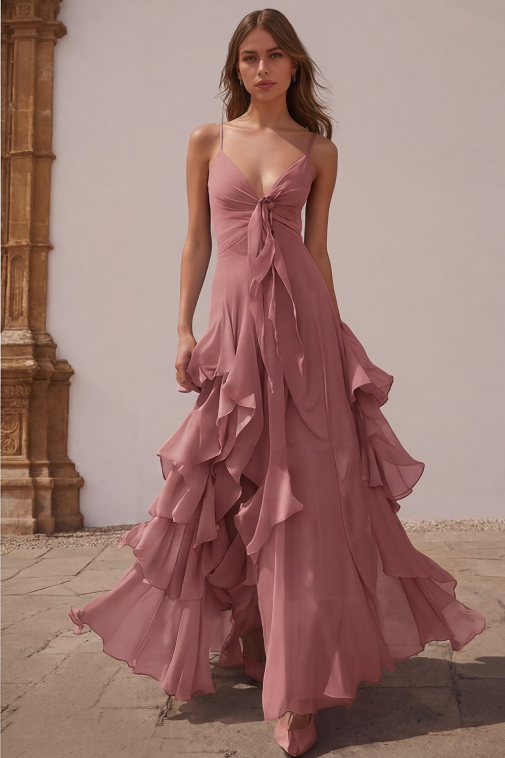Dusty Blue Chiffon Spaghetti Straps A-Line Long Bridesmaid Dress with Ruffles