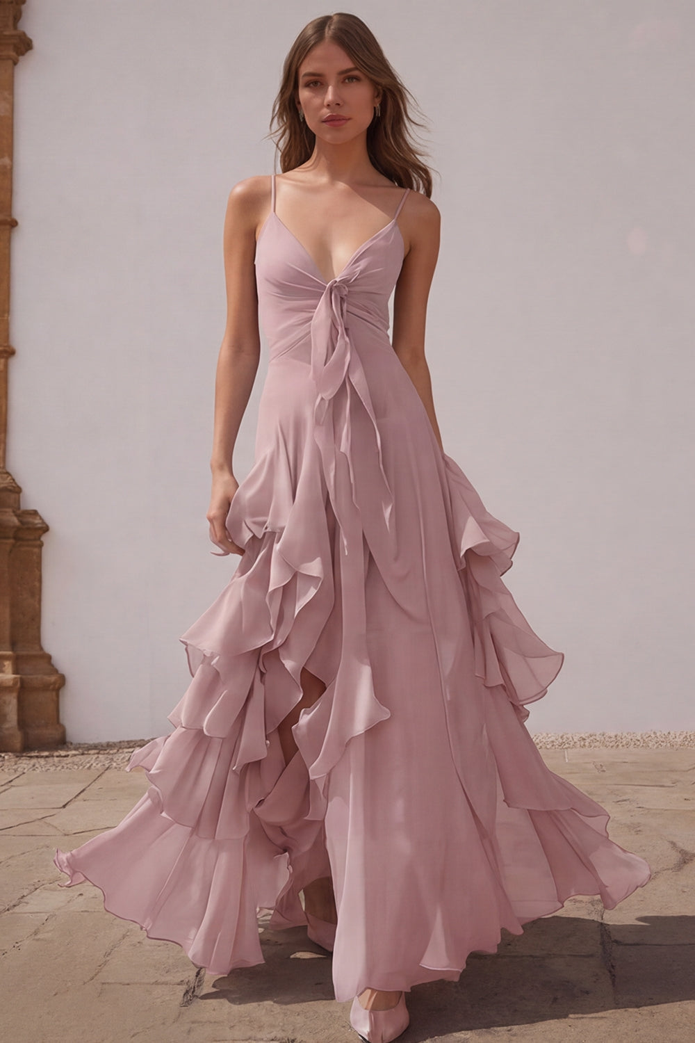 Dusty Blue Chiffon Spaghetti Straps A-Line Long Bridesmaid Dress with Ruffles