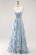 Blue A Line Floral Ruffled Long Bridesmaid Dress with Slit