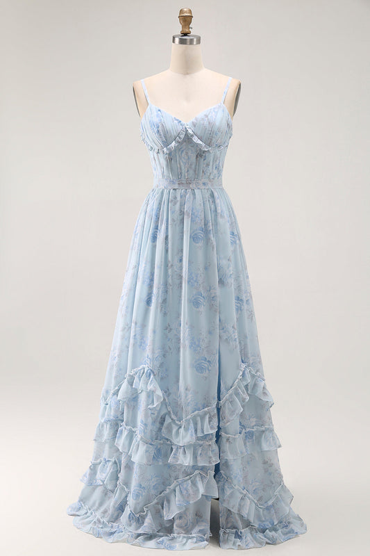 Blue A Line Floral Ruffled Long Bridesmaid Dress with Slit
