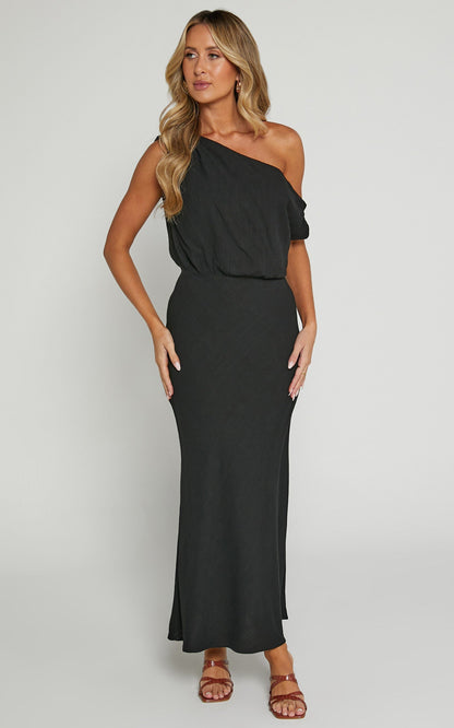 Jacqueline Midi Dress - Linen One Shoulder Dress in Black
