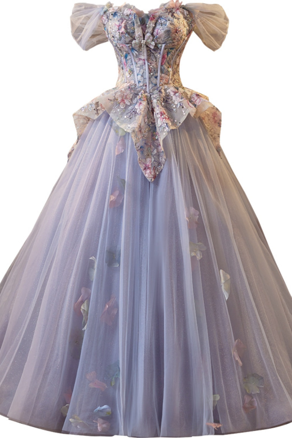Off the Shoulder Purple Floral Embroidery A-line Ball Gown