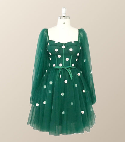 Daisy Embroiderd Blue Puffy Sleeves Mini Dress