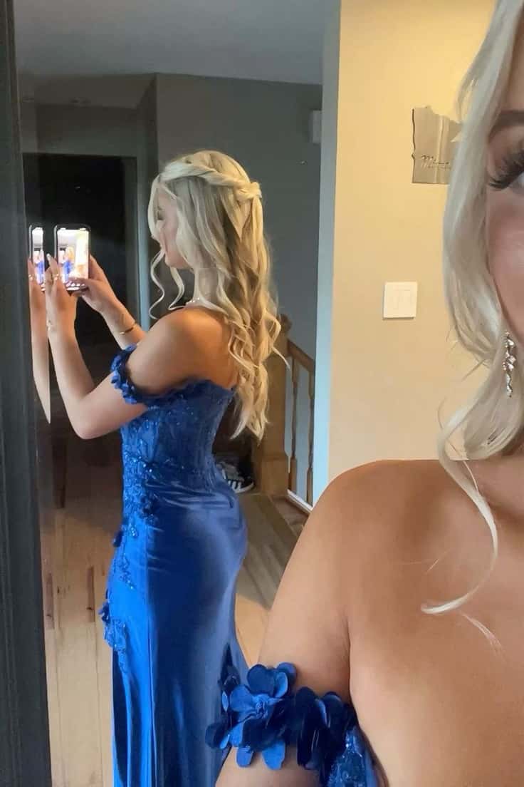 Lace Off the Shoulder Navy Blue Satin Mermaid Dress