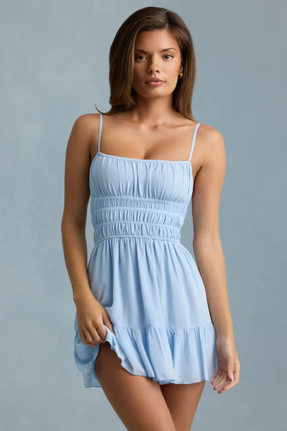 Shirred Camisole Mini Dress in Sky Blue