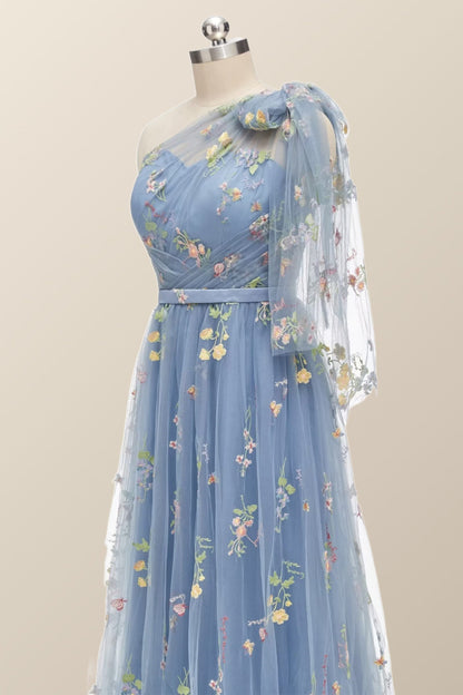 One Shoulder Blue Floral Long Formal Dress