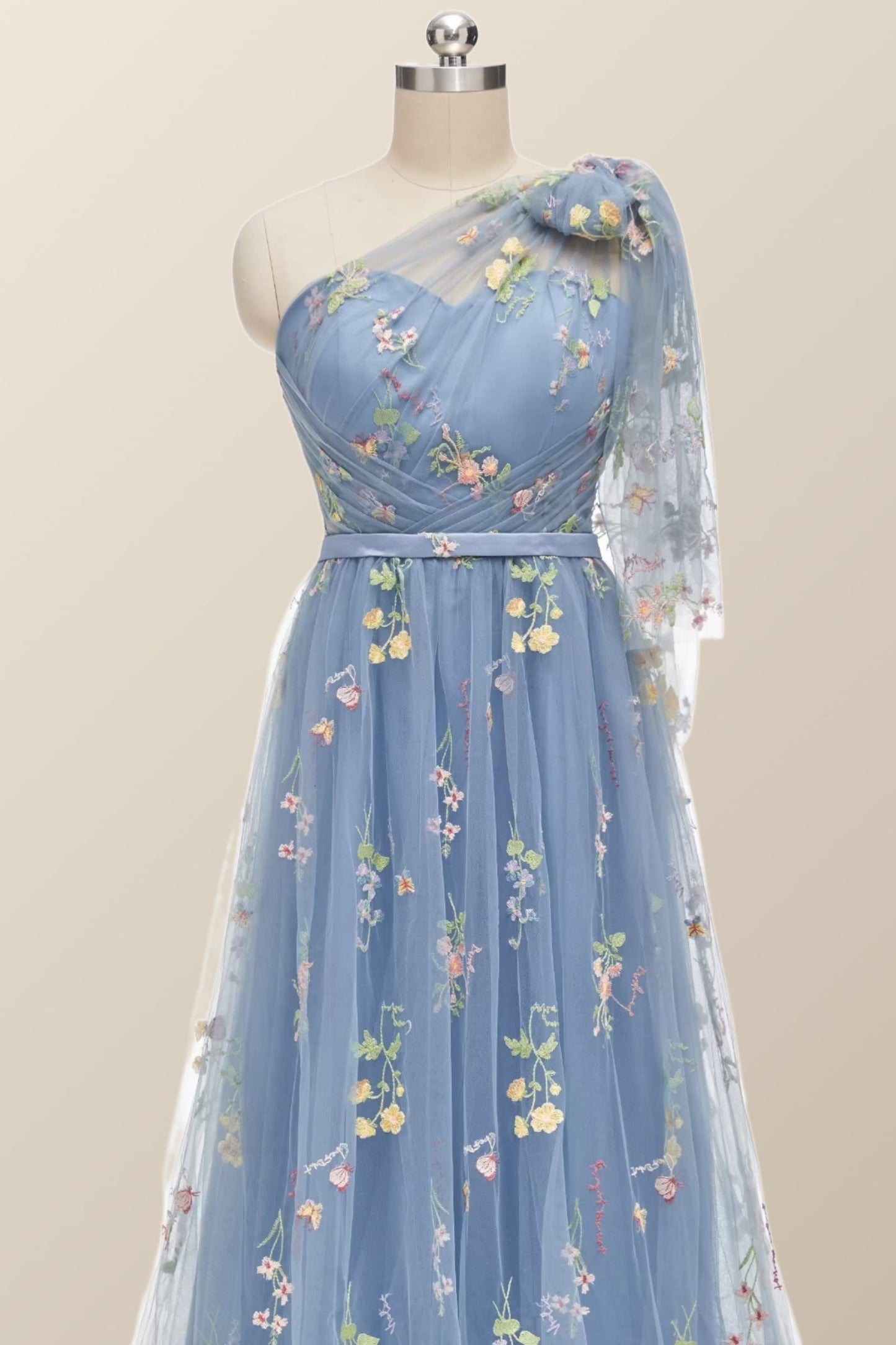 One Shoulder Blue Floral Long Formal Dress