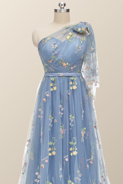 One Shoulder Blue Floral Long Formal Dress