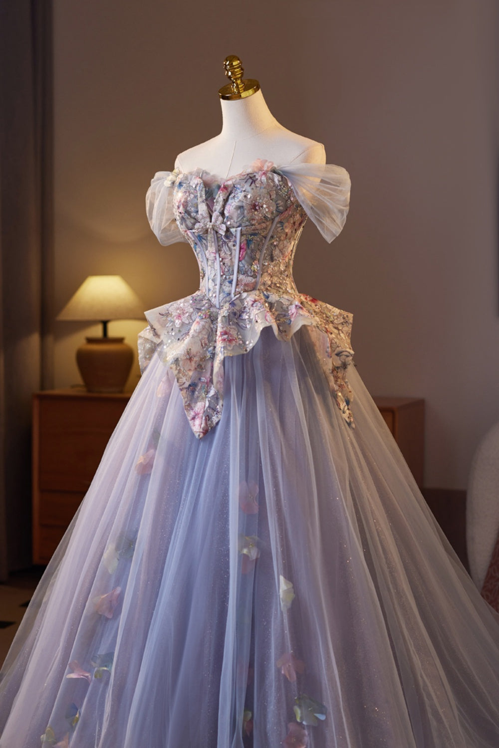 Off the Shoulder Purple Floral Embroidery A-line Ball Gown
