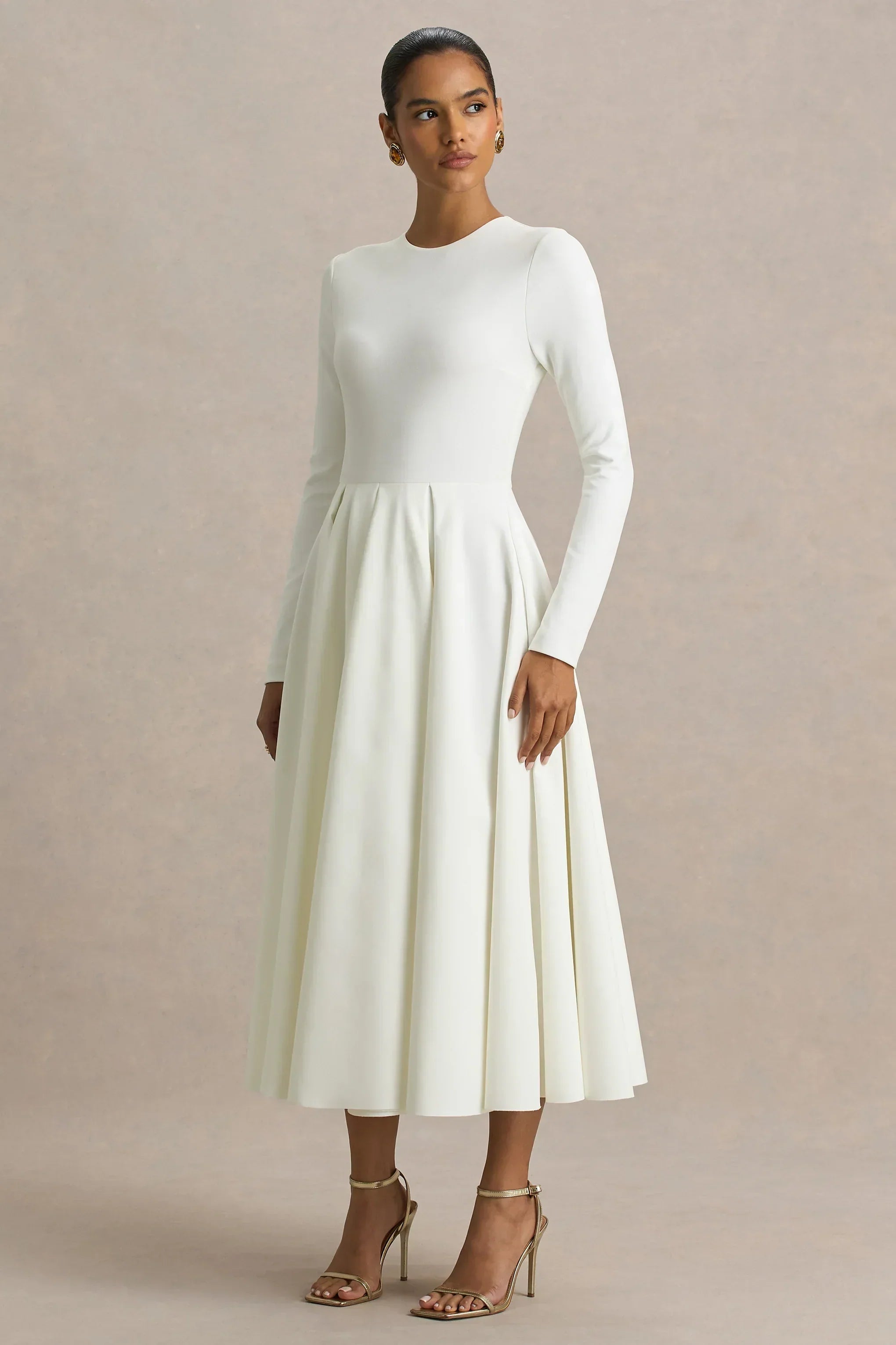 Bellamy | Cream Crew-Neck Long Sleeve Midi Dress