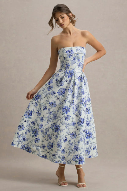 Annalise | Blue Porcelain Print Bandeau Skater Midi Dress