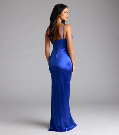 Iliana Cowl Neck High Slit Satin Column Dress