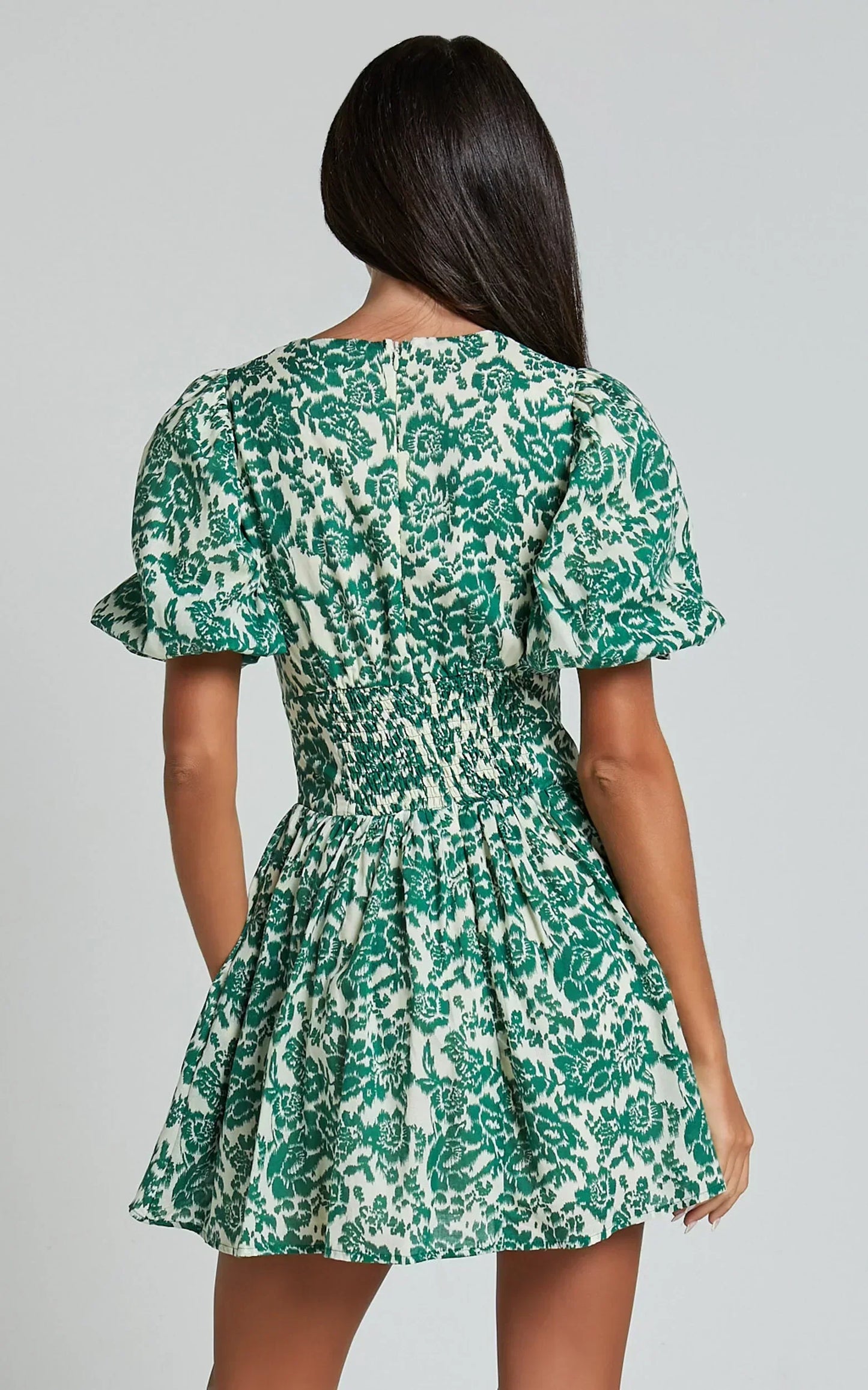 Nelli Mini Dress - Short Puff Sleeve Shirred Back Dress in Green Silhouette