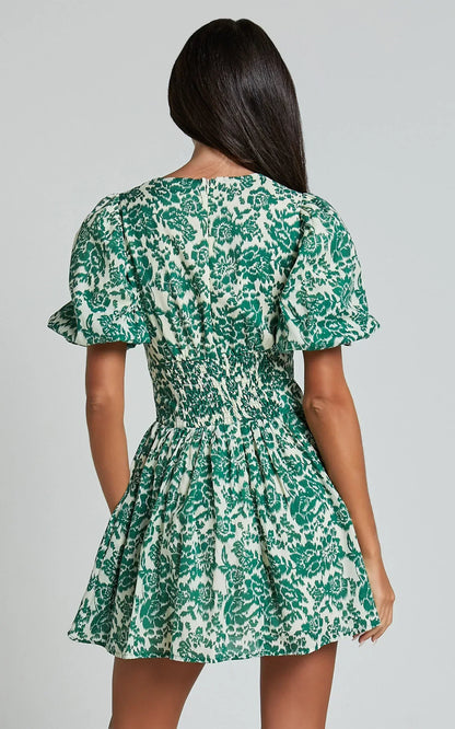 Nelli Mini Dress - Short Puff Sleeve Shirred Back Dress in Green Silhouette