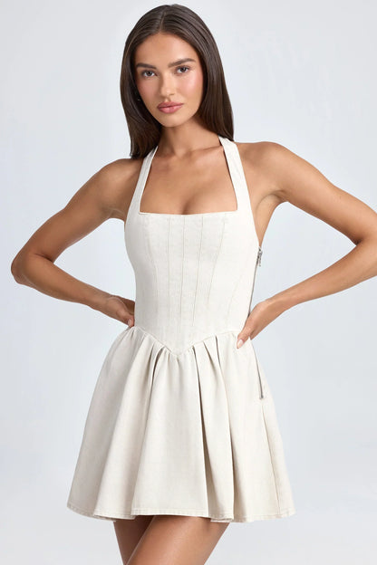 Halterneck Corset Micro Mini Dress in Ecru