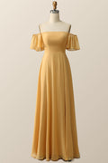 Off the Shoulder Yellow Chiffon Long Bridesmaid Dress