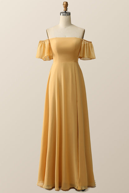Off the Shoulder Yellow Chiffon Long Bridesmaid Dress