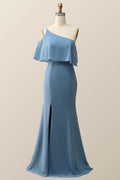 One Shoulder Cold Sleeve Misty Blue Mermaid Long Bridesmaid Dress