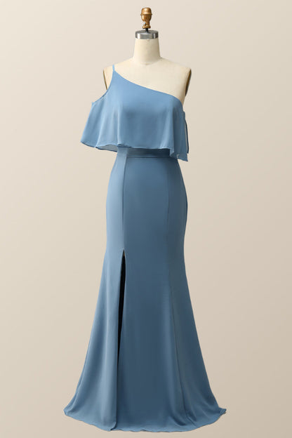 One Shoulder Cold Sleeve Misty Blue Mermaid Long Bridesmaid Dress