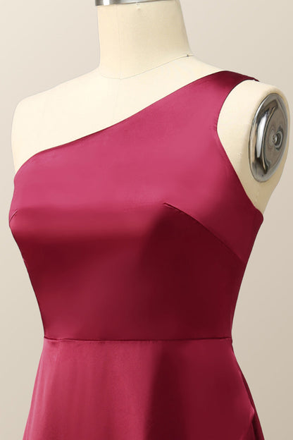One Shoulder Wine Red Satin A-line Formal Dress