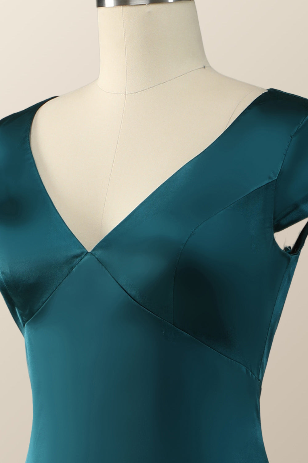 Cap Sleeves Dark Green Satin Long Bridesmaid Dress