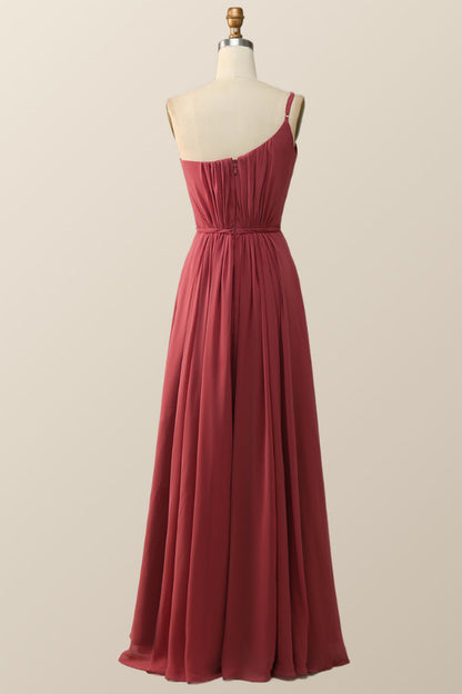 One Shoulder Terracotta Chiffon Long Bridesmaid Dress