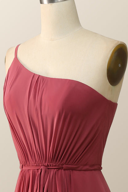 One Shoulder Terracotta Chiffon Long Bridesmaid Dress