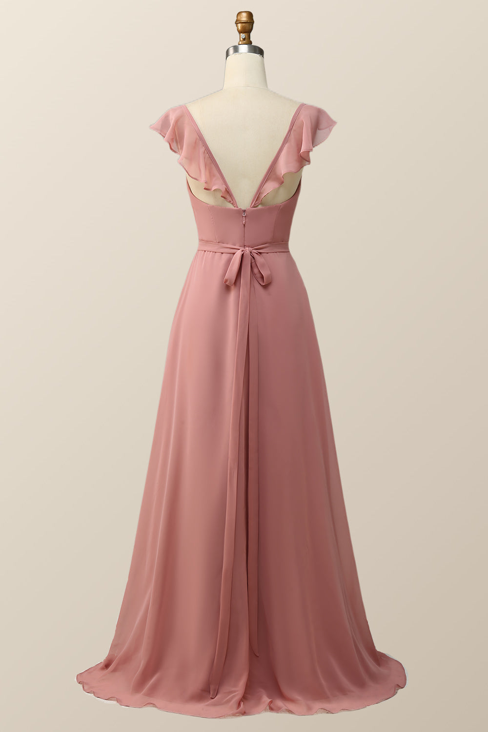 Blush Pink Ruffled Flare Sleeve Chiffon Long Bridesmaid Dress