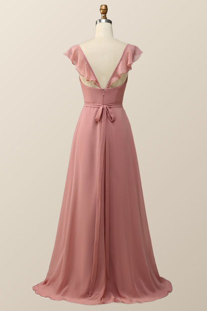 Blush Pink Ruffled Flare Sleeve Chiffon Long Bridesmaid Dress