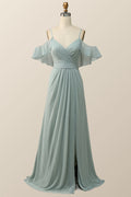 Cold Sleeves Green Chiffon Pleated Long Bridesmaid Dress