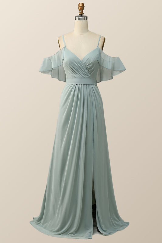 Cold Sleeves Green Chiffon Pleated Long Bridesmaid Dress