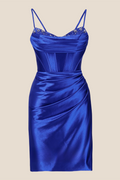 Beaded Neck Royal Blue Ruched Short Dress