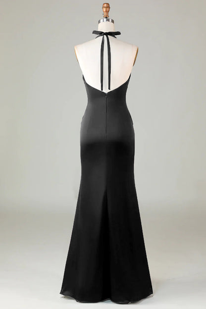 Dusty Sage Satin Sheath Halter Long Bridesmaid Dress